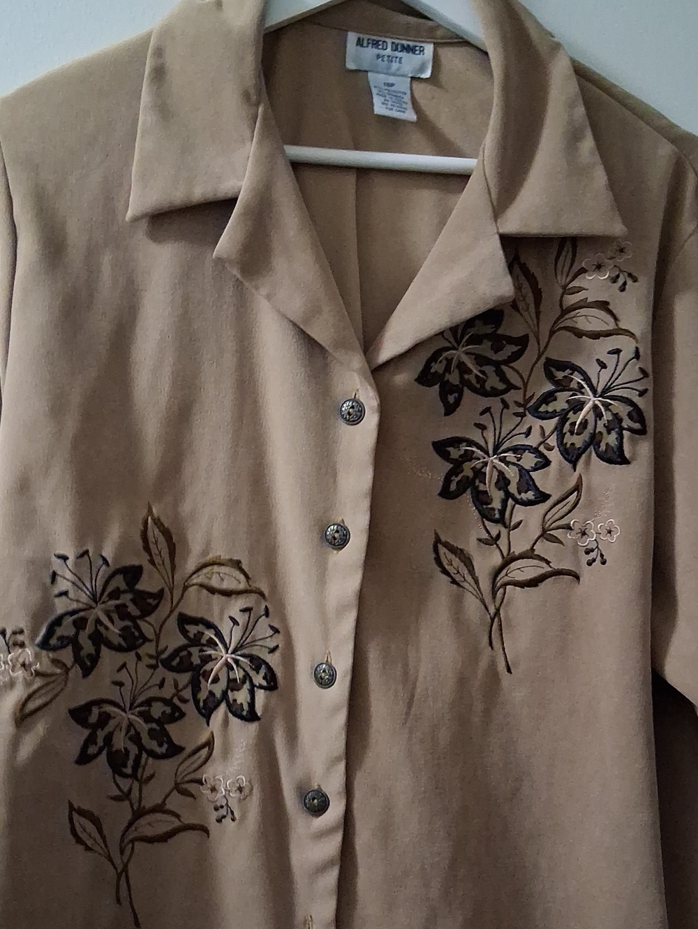 Alfred Dunner Tan Floral Embroidered Button-Down Shirt